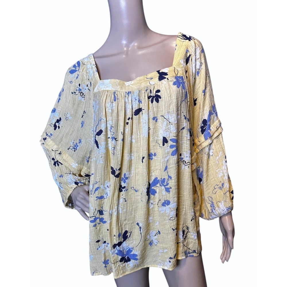 Zac & Rachel Yellow Floral Square Neck Long Sleeve Ruffle 1X Blouse Flowy Boho